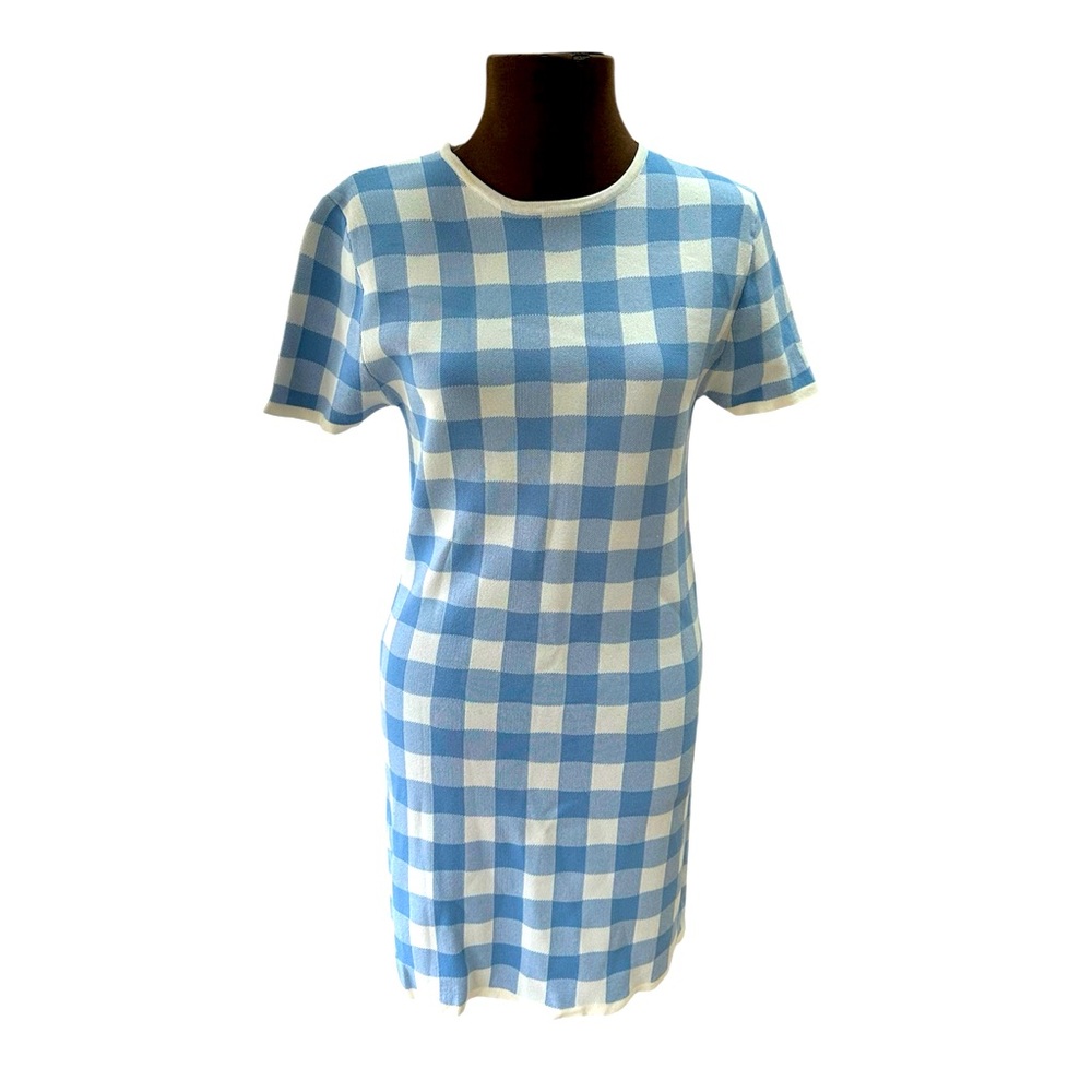 En Saison blue and white gingham sheath short sleeve dress stretch‎ pique Small